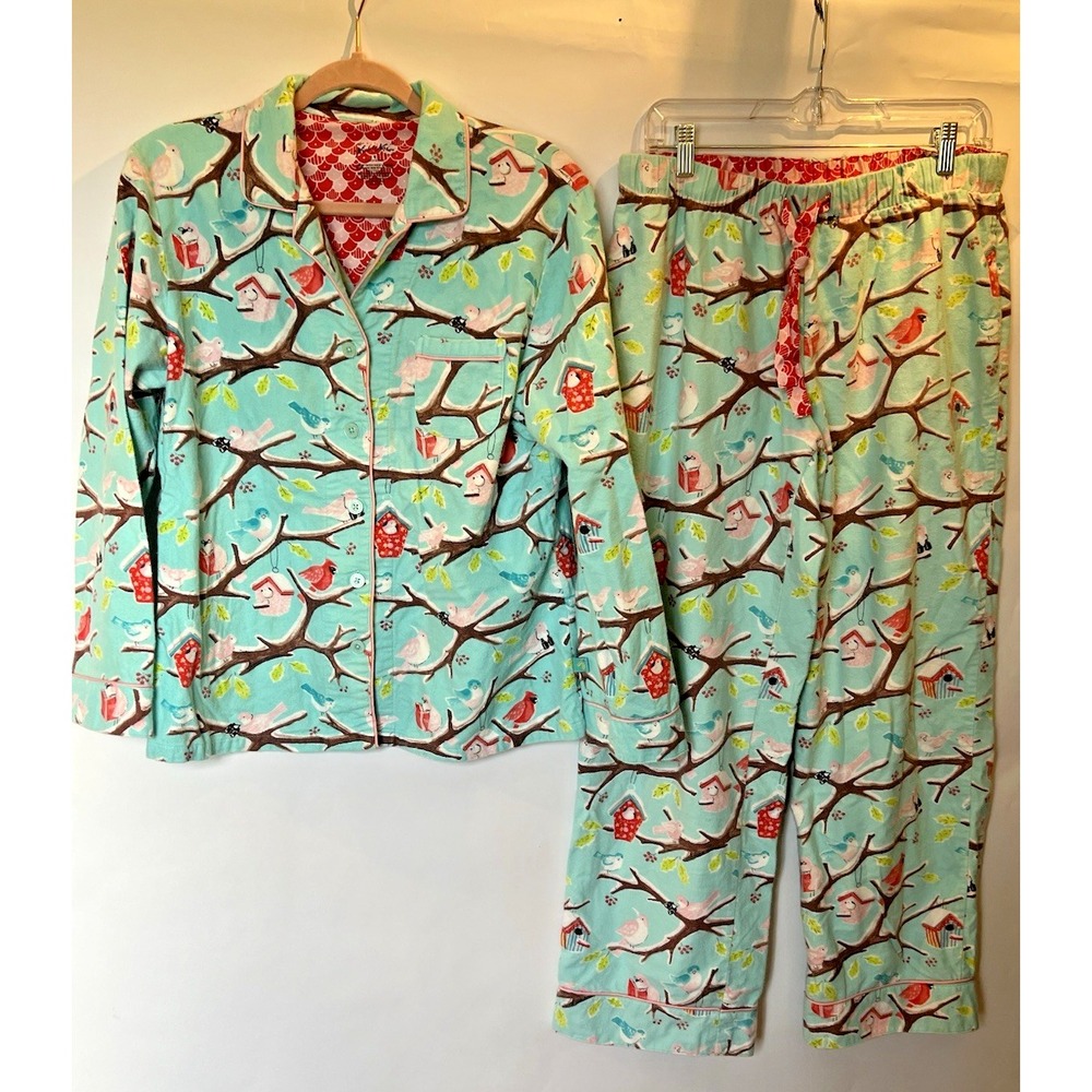 Nick & Nora Wmns Medium 100% Cotton Flannel Bird Print Button Front Pajama Set